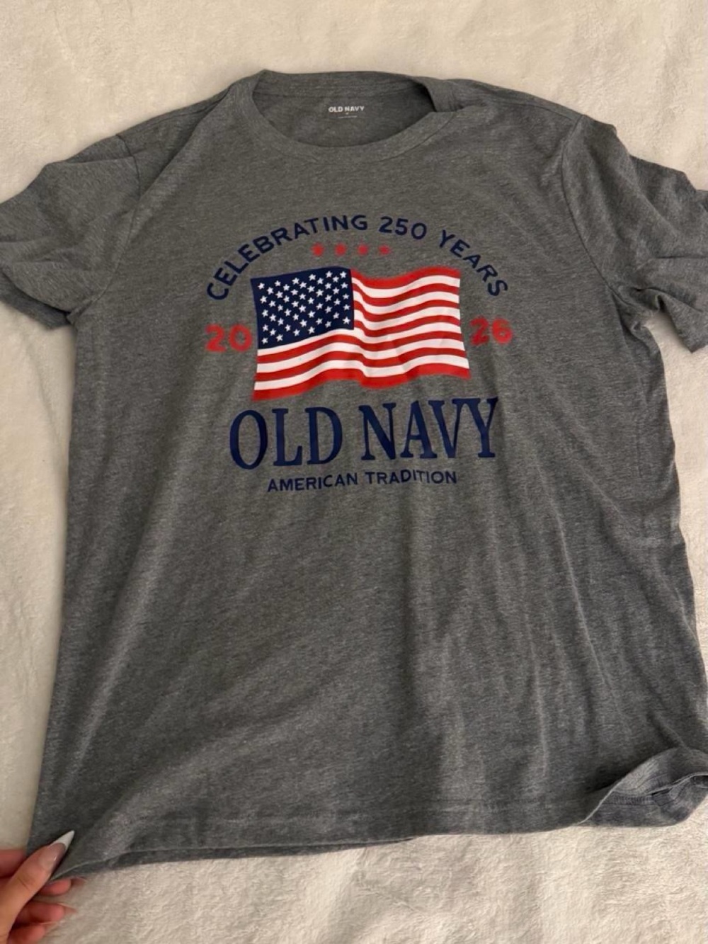 Old Navy Gray Short Sleeve Tee with Red, White & Blue Flag Graphic